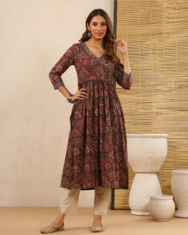 Red Dabu Hand Block Printed Cotton Gathered Kurti