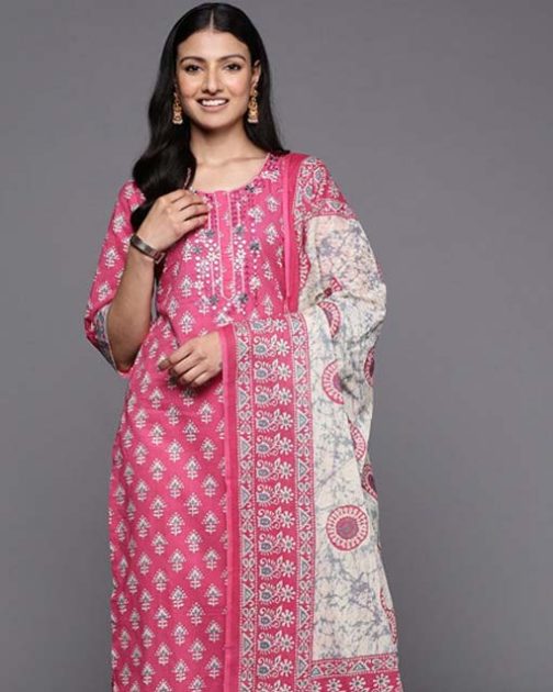 Pink Printed Cotton Straight Kurta Set - Image 2